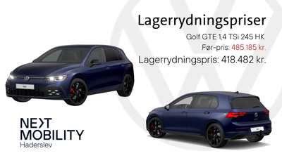 VW Golf VIII 1,4 GTE DSG Benzin aut. Automatgear modelår 2023 km 0 Blåmetal træk ABS airbag, LAGERRY